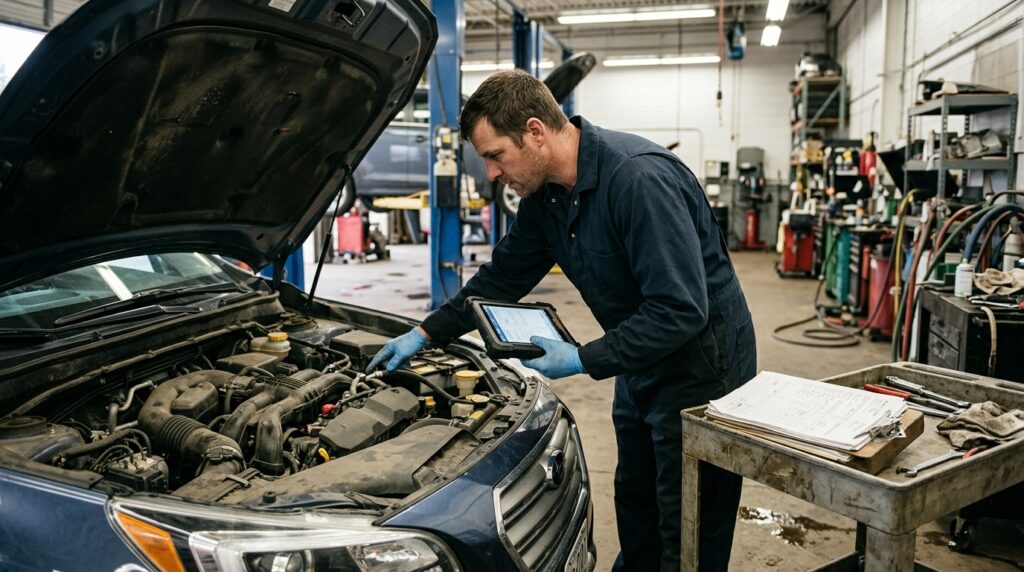 Mechanic inspecting defective used car