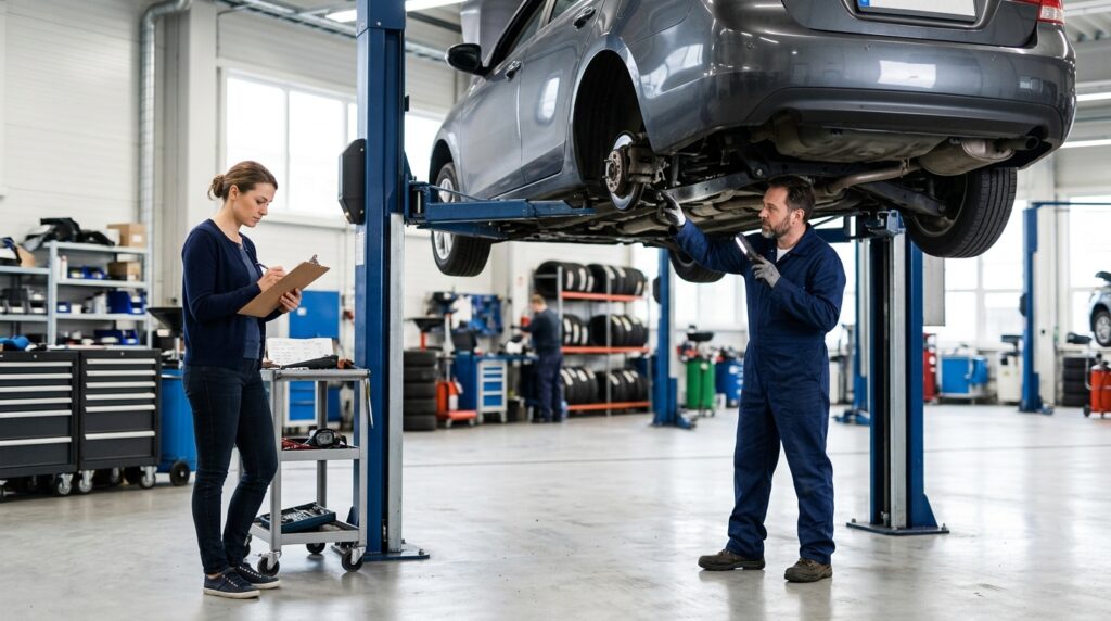 Mechanic inspecting lemon law buyback car