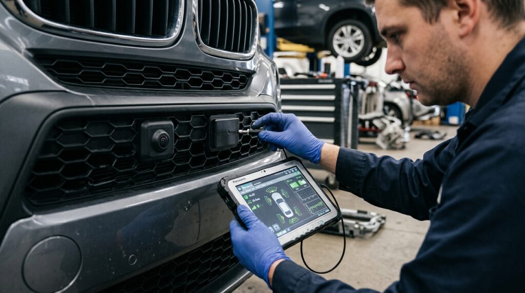 Technician inspecting ADAS sensor defect