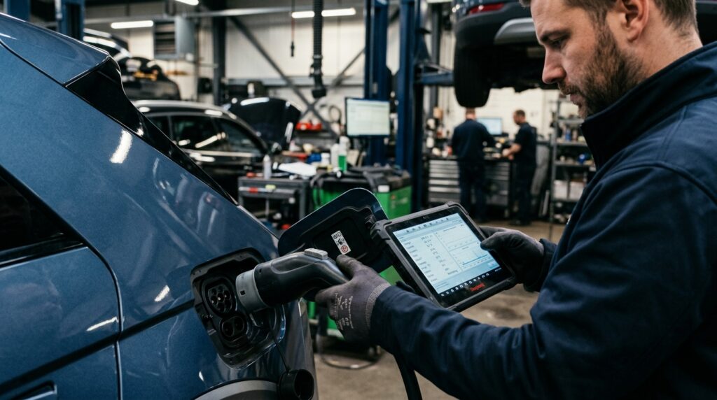 Technician inspecting EV charging problem