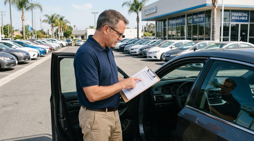 Used car buyer checking mileage before California three-day cancellation deadline