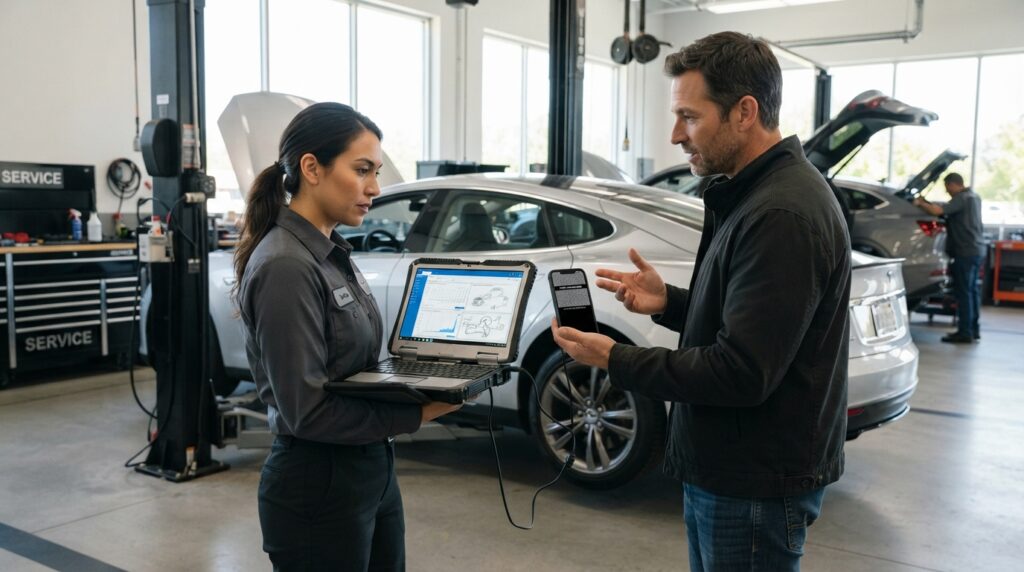 Technician documenting repeated rearview camera software failures after a recall update