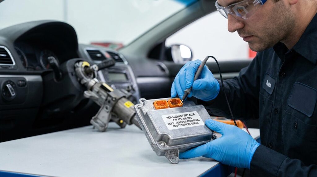 Technician inspecting a replacement air-bag inflator in a used vehicle