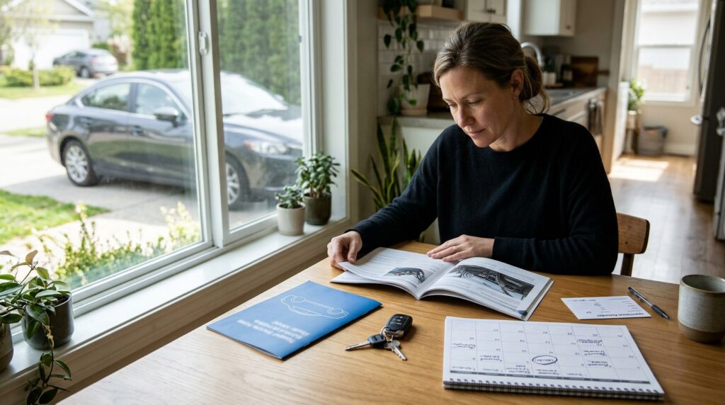 Car owner reviewing warranty expiration and repair appointments after discovering a vehicle defect