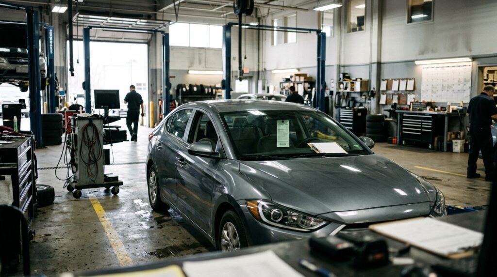 Car waiting at a dealership repair shop during an extended warranty repair delay