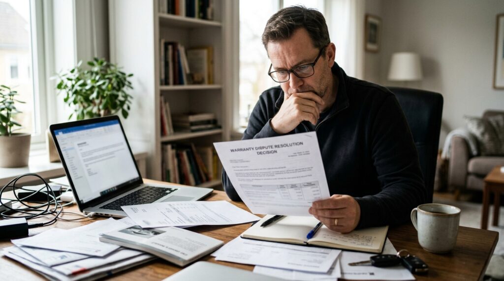 Consumer reviewing an arbitration decision and vehicle warranty dispute documents