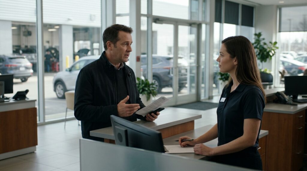 Customer discussing extended warranty repair delays and vehicle downtime with a service advisor