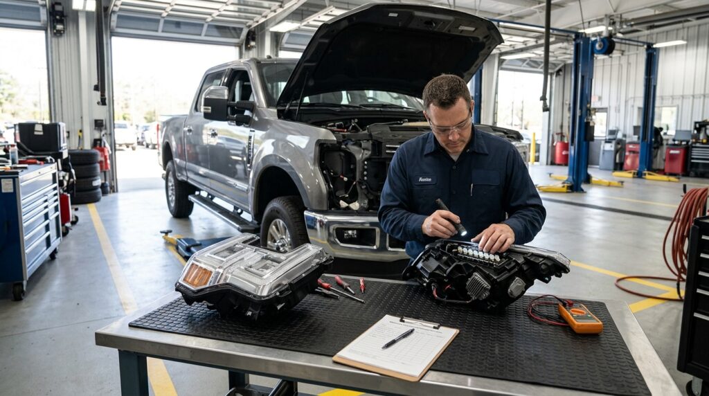 Dealer inspecting recalled headlight assemblies under a vehicle warranty