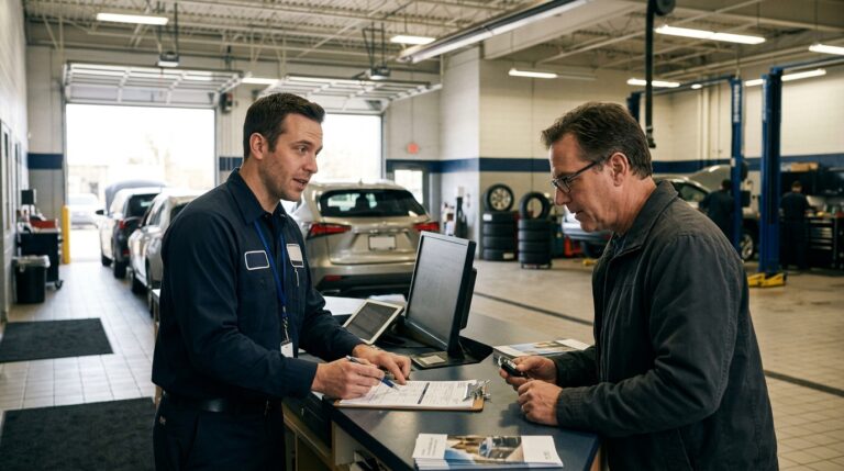 Dealership service advisor explaining manufacturer warranty repair coverage