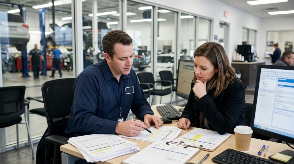 Leased vehicle owner reviewing repeated warranty repairs with a service advisor