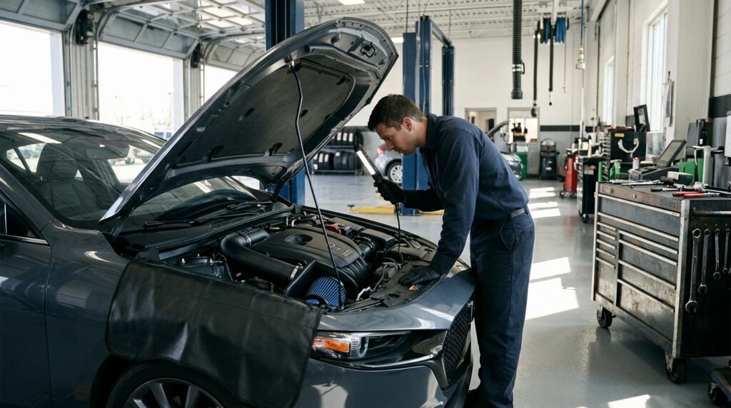 Mechanic inspecting aftermarket car parts during a vehicle warranty evaluation