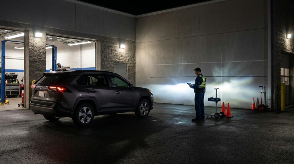 Technician checking an intermittent LED headlight failure on a recalled vehicle