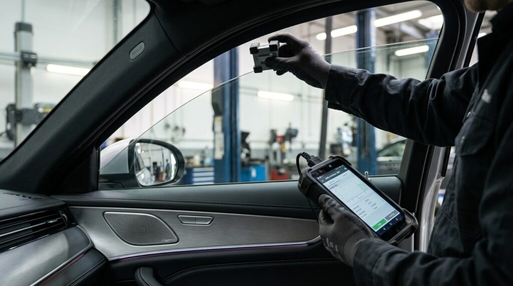 Technician safely inspecting a power-window automatic reversal system