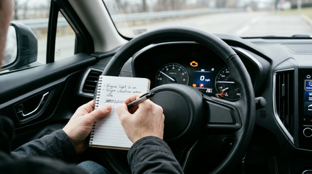 Vehicle owner documenting a dashboard warning before the factory warranty expires