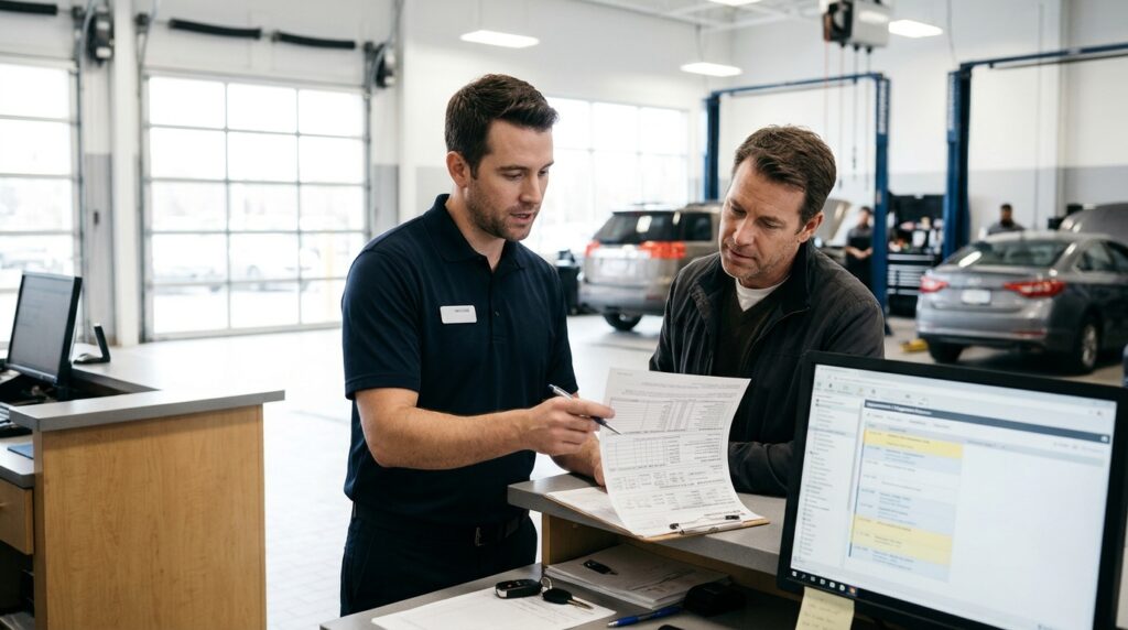 Vehicle owner reporting a recurring defect to a dealership before warranty expiration