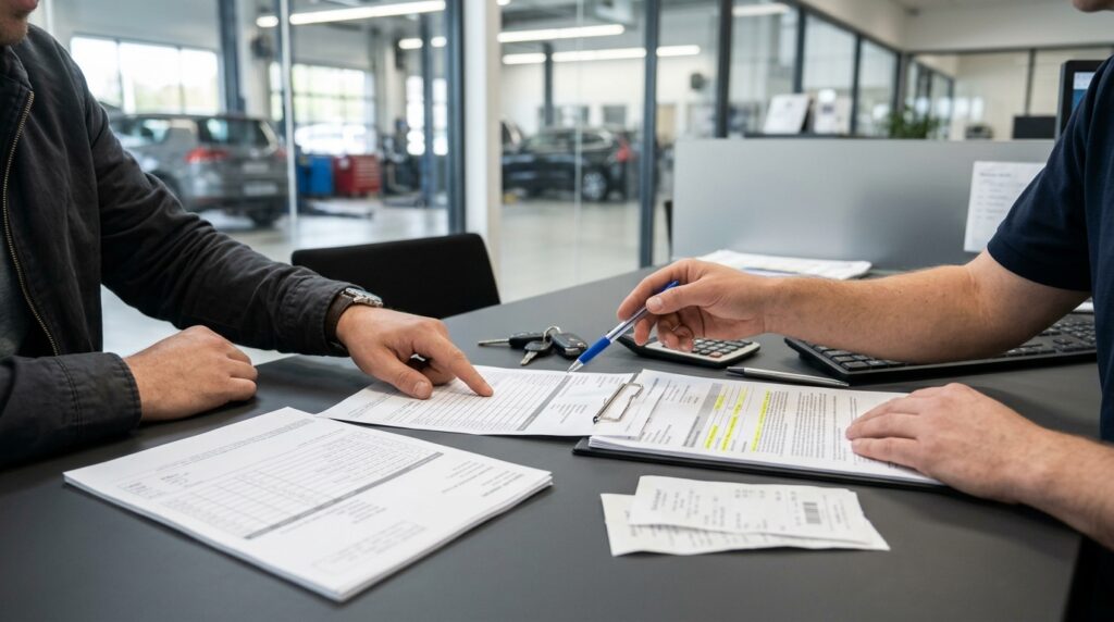 Vehicle owner reviewing warranty terms and repair records after an aftermarket parts dispute