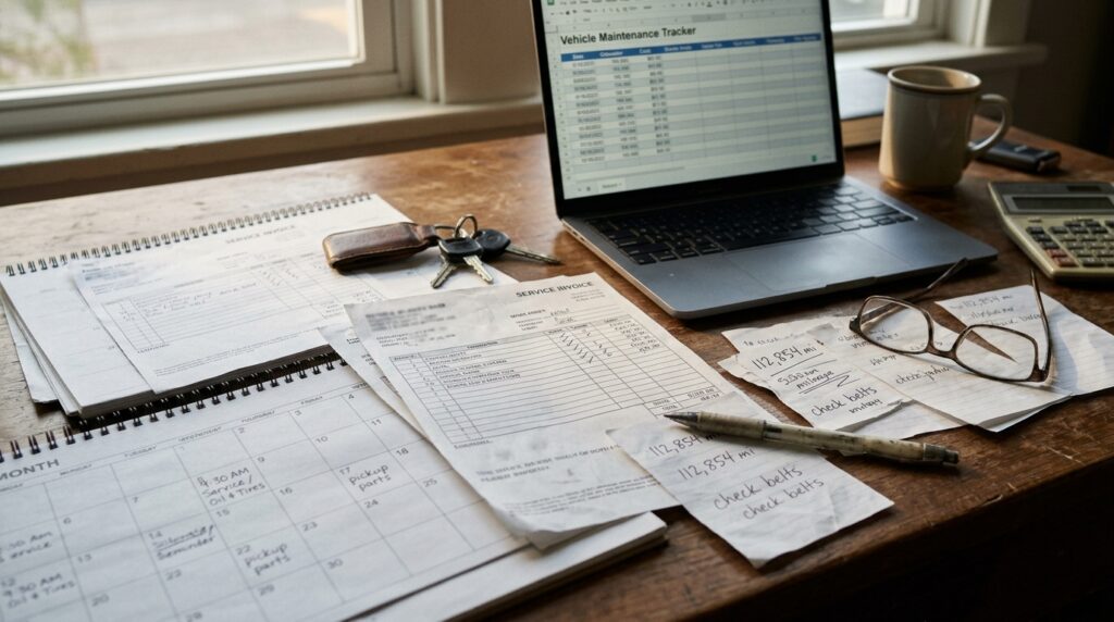Vehicle repair invoices and calendar used to track days out of service for a lemon law claim